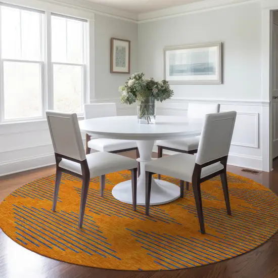 8' Orange And Blue Round Geometric Washable Indoor Outdoor Area Rug Photo 7