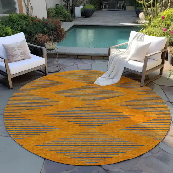 8' Orange And Blue Round Geometric Washable Indoor Outdoor Area Rug Photo 6