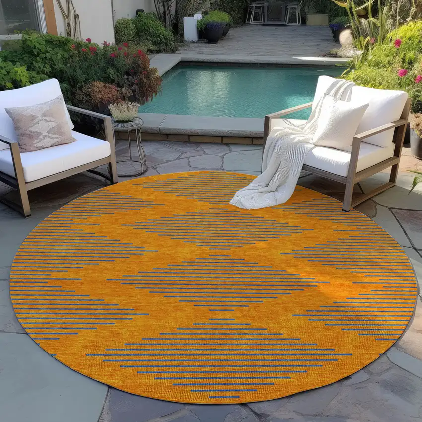 8' Orange And Blue Round Geometric Washable Indoor Outdoor Area Rug Photo 6