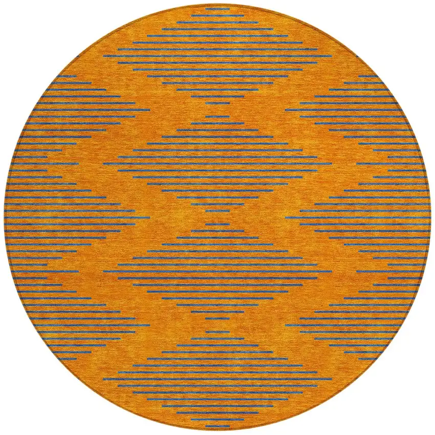 8' Orange And Blue Round Geometric Washable Indoor Outdoor Area Rug Photo 4
