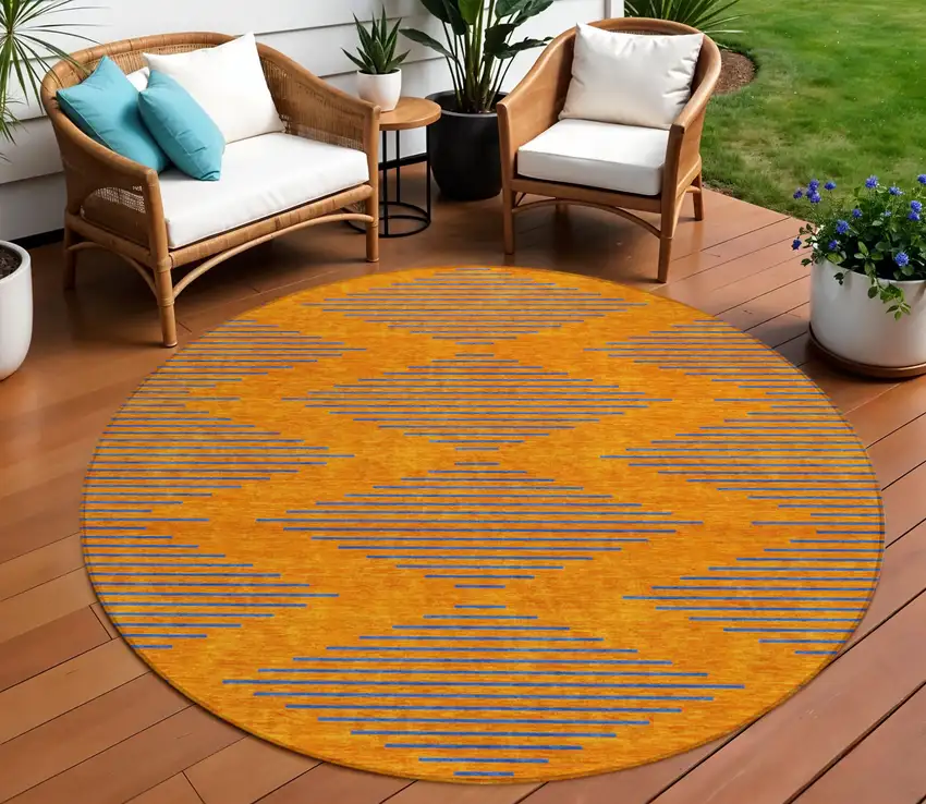8' Orange And Blue Round Geometric Washable Indoor Outdoor Area Rug Photo 1