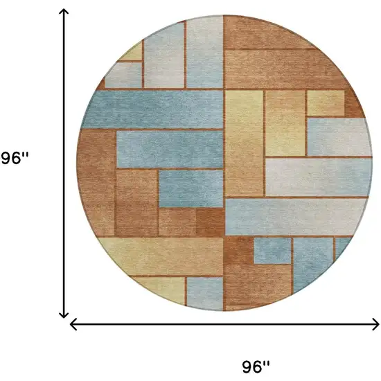 8' Orange And Blue Round Geometric Washable Indoor Outdoor Area Rug Photo 7