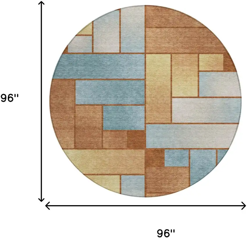 8' Orange And Blue Round Geometric Washable Indoor Outdoor Area Rug Photo 7