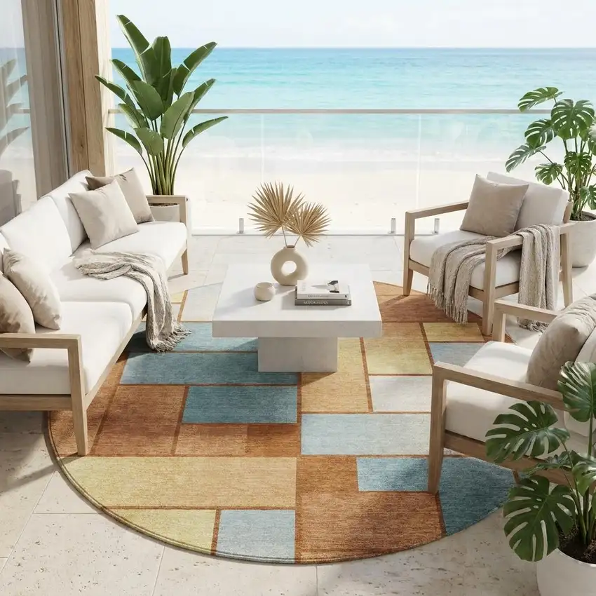 8' Orange And Blue Round Geometric Washable Indoor Outdoor Area Rug Photo 1