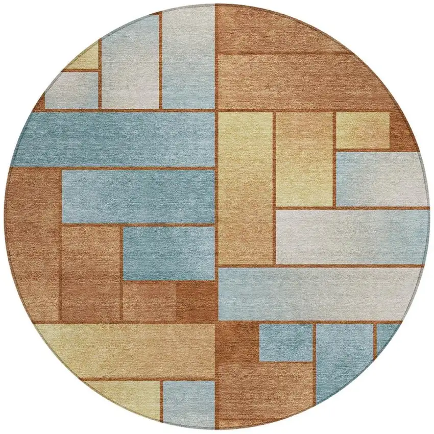 8' Orange And Blue Round Geometric Washable Indoor Outdoor Area Rug Photo 4