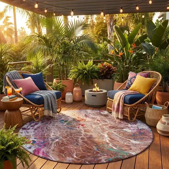 8' Orange And Blush Round Abstract Washable Indoor Outdoor Area Rug Photo 1