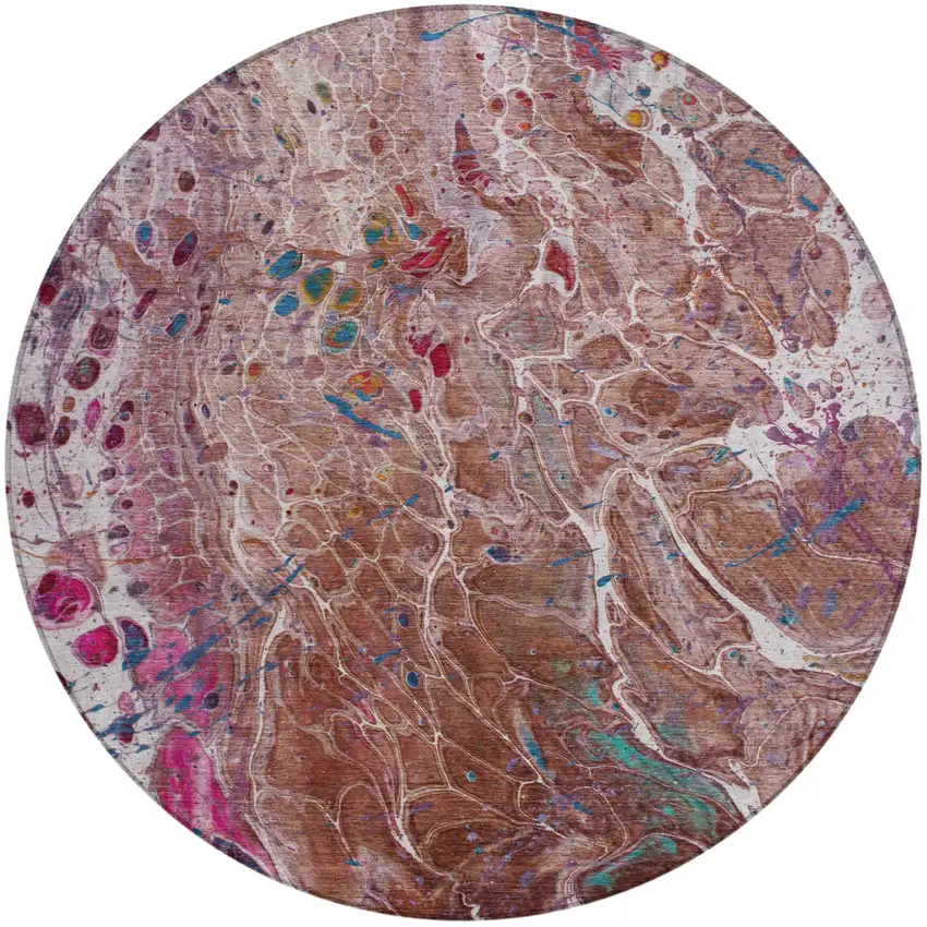 8' Orange And Blush Round Abstract Washable Indoor Outdoor Area Rug Photo 2