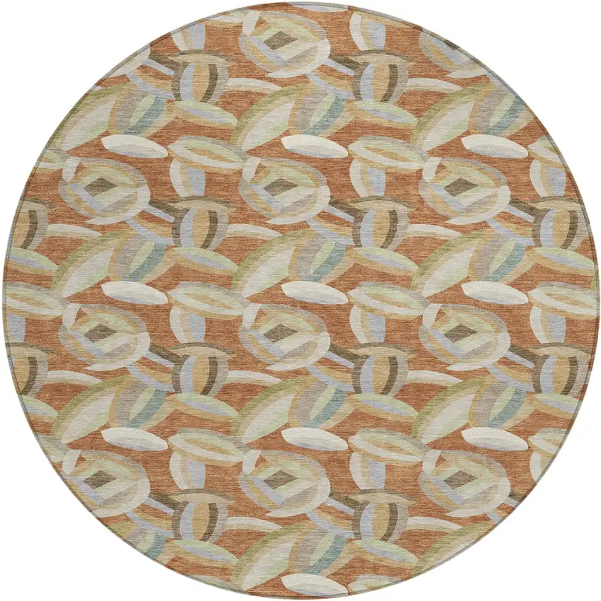 8' Orange And Brown Round Abstract Washable Indoor Outdoor Area Rug Photo 1