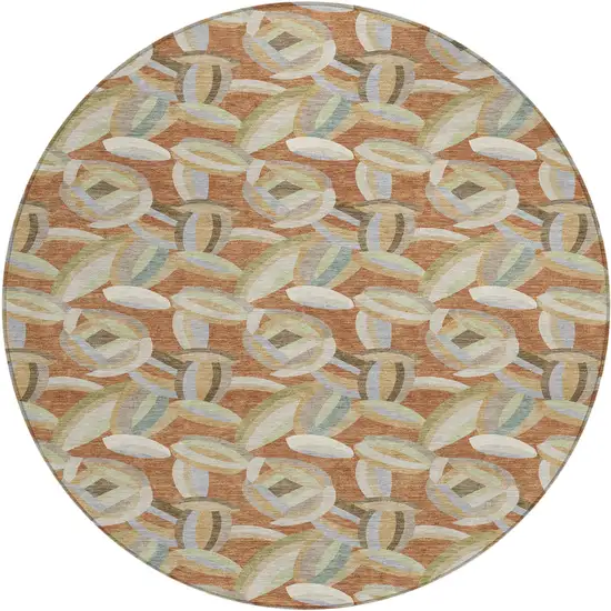 8' Orange And Brown Round Abstract Washable Indoor Outdoor Area Rug Photo 1