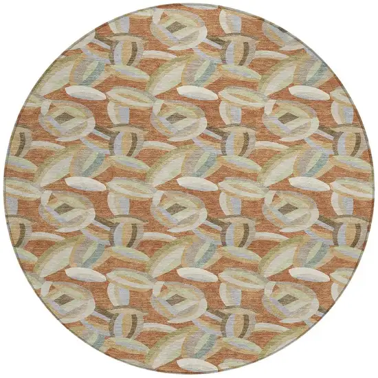 8' Orange And Brown Round Abstract Washable Indoor Outdoor Area Rug Photo 3