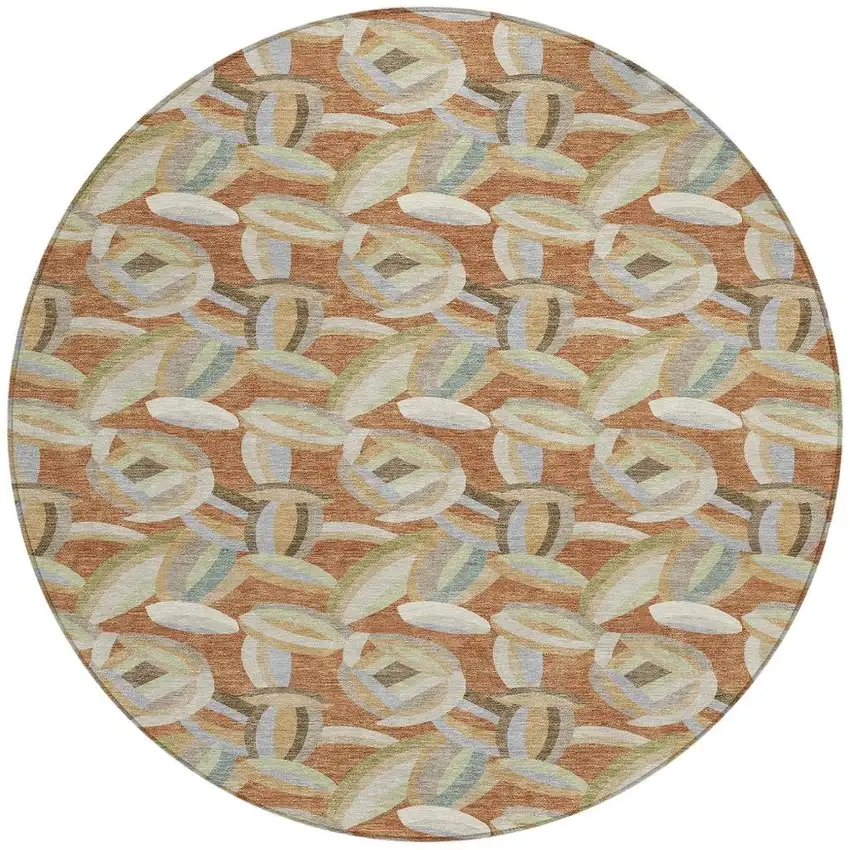 8' Orange And Brown Round Abstract Washable Indoor Outdoor Area Rug Photo 3