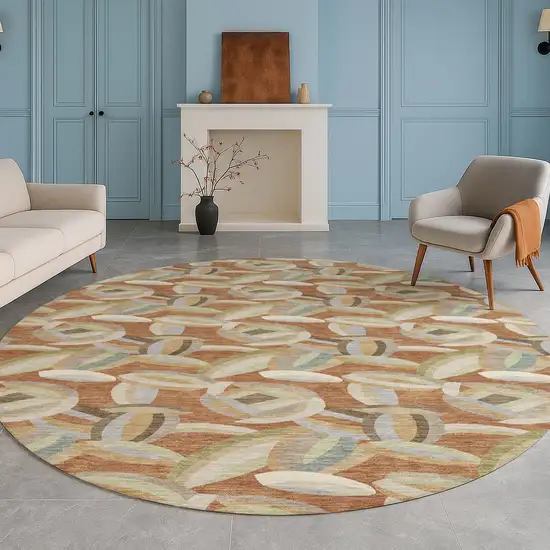 8' Orange And Brown Round Abstract Washable Indoor Outdoor Area Rug Photo 5