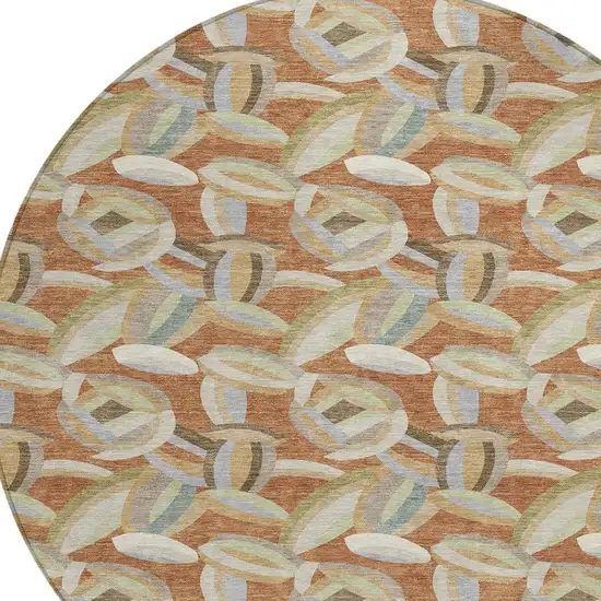 8' Orange And Brown Round Abstract Washable Indoor Outdoor Area Rug Photo 2