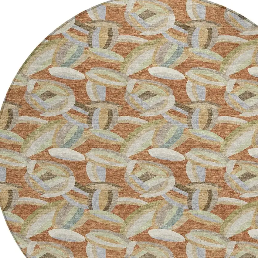 8' Orange And Brown Round Abstract Washable Indoor Outdoor Area Rug Photo 2