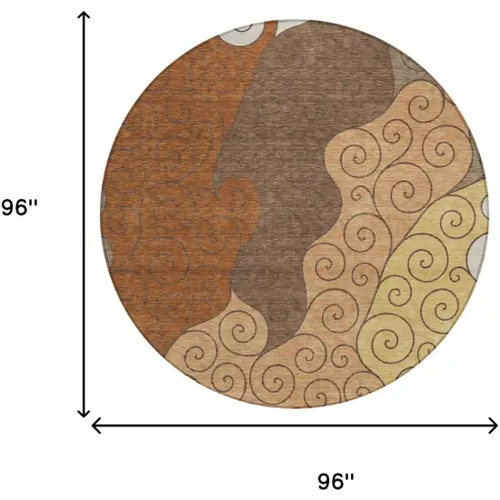 8' Orange And Brown Round Abstract Washable Indoor Outdoor Area Rug Photo 8