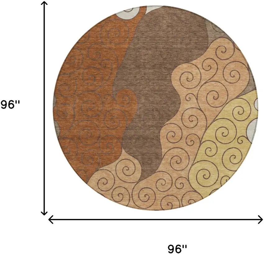 8' Orange And Brown Round Abstract Washable Indoor Outdoor Area Rug Photo 8