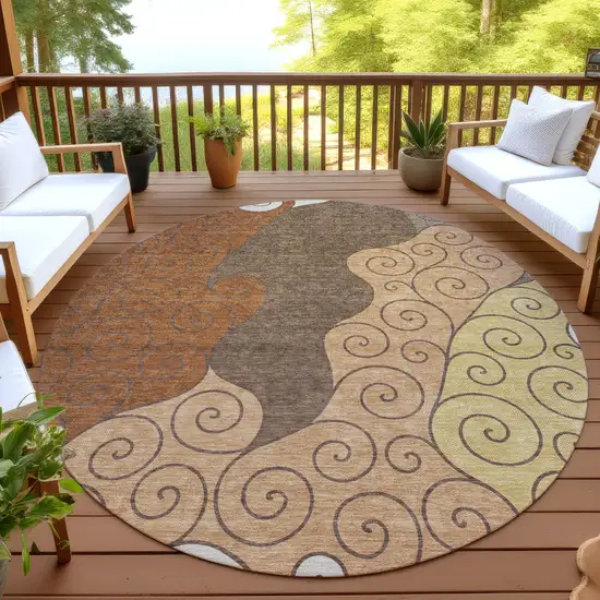 8' Orange And Brown Round Abstract Washable Indoor Outdoor Area Rug Photo 4