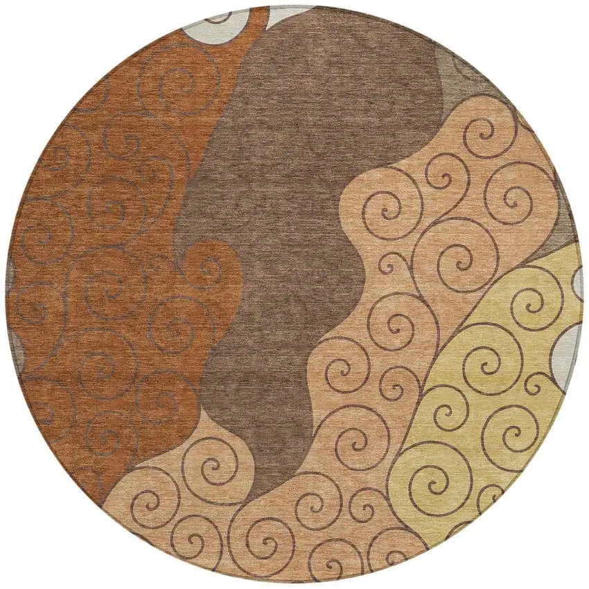 8' Orange And Brown Round Abstract Washable Indoor Outdoor Area Rug Photo 3