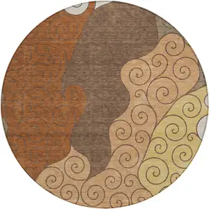 Photo of 8' Orange And Brown Round Abstract Washable Indoor Outdoor Area Rug