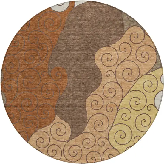 8' Orange And Brown Round Abstract Washable Indoor Outdoor Area Rug Photo 1