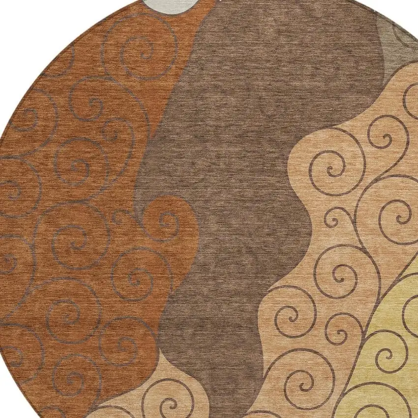 8' Orange And Brown Round Abstract Washable Indoor Outdoor Area Rug Photo 2