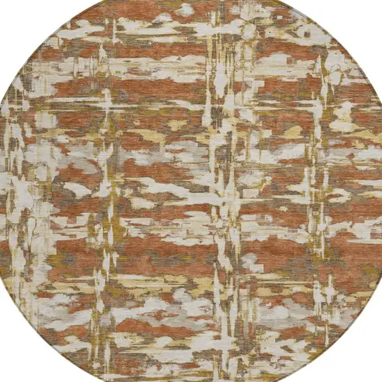 8' Orange And Brown Round Abstract Washable Indoor Outdoor Area Rug Photo 3