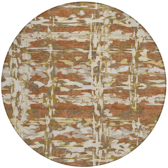 8' Orange And Brown Round Abstract Washable Indoor Outdoor Area Rug Photo 1