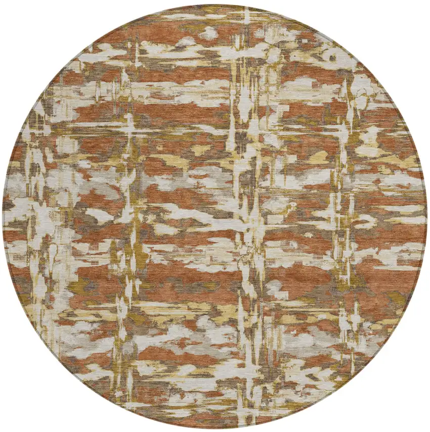 8' Orange And Brown Round Abstract Washable Indoor Outdoor Area Rug Photo 1