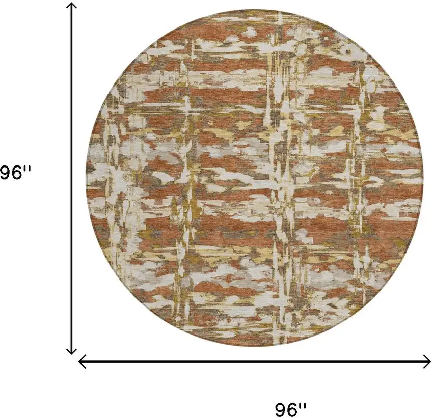 8' Orange And Brown Round Abstract Washable Indoor Outdoor Area Rug Photo 6