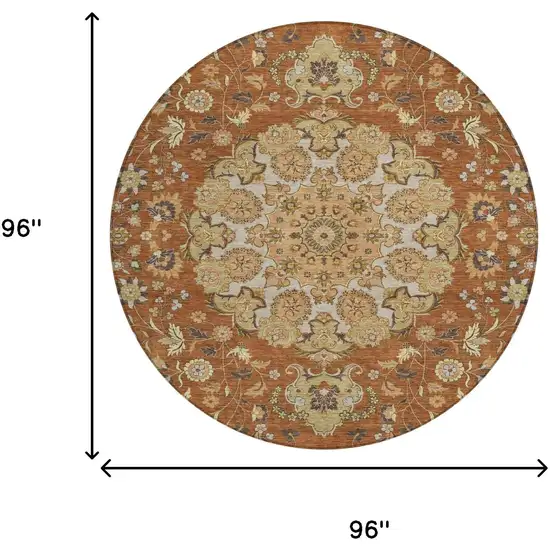 8' Orange And Brown Round Damask Washable Indoor Outdoor Area Rug Photo 6