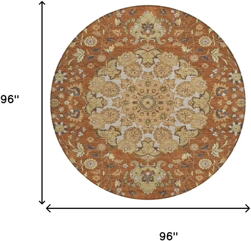 8' Orange And Brown Round Damask Washable Indoor Outdoor Area Rug Photo 6