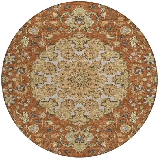 8' Orange And Brown Round Damask Washable Indoor Outdoor Area Rug Photo 2