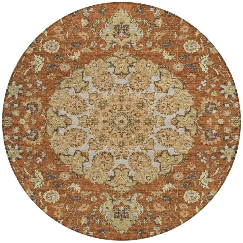 8' Orange And Brown Round Damask Washable Indoor Outdoor Area Rug Photo 2