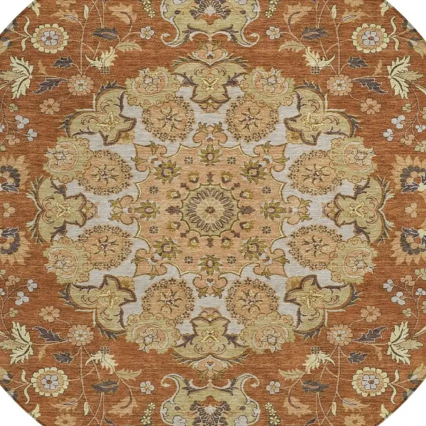 8' Orange And Brown Round Damask Washable Indoor Outdoor Area Rug Photo 3