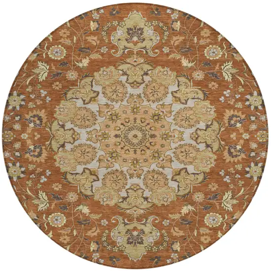 8' Orange And Brown Round Damask Washable Indoor Outdoor Area Rug Photo 1