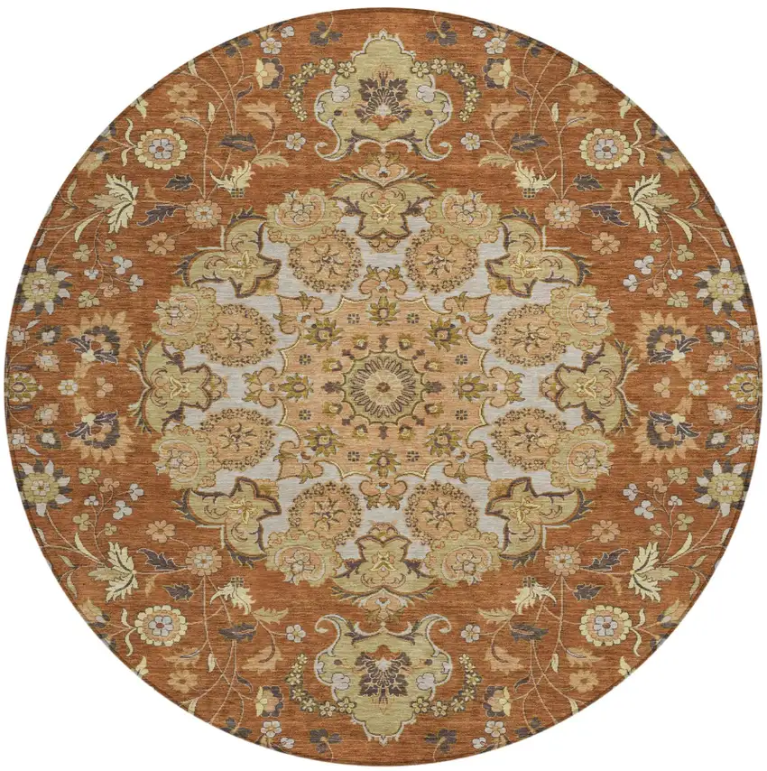 8' Orange And Brown Round Damask Washable Indoor Outdoor Area Rug Photo 1
