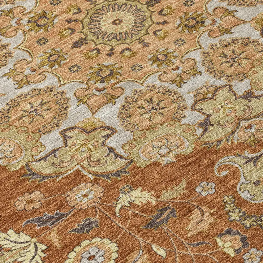 8' Orange And Brown Round Damask Washable Indoor Outdoor Area Rug Photo 5