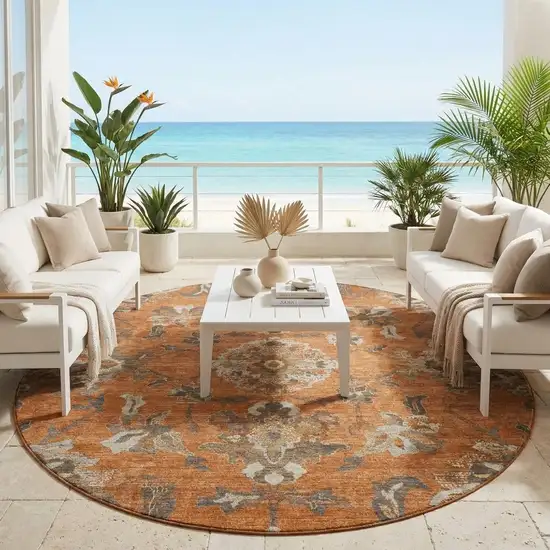 8' Orange And Brown Round Floral Medallion Washable Indoor Outdoor Area Rug Photo 1