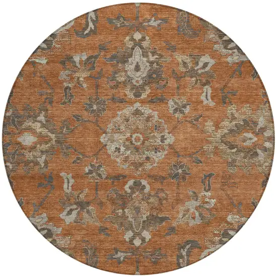 8' Orange And Brown Round Floral Medallion Washable Indoor Outdoor Area Rug Photo 2