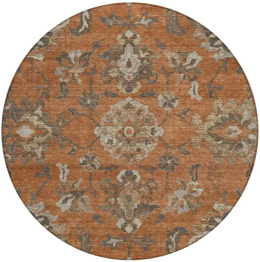 8' Orange And Brown Round Floral Medallion Washable Indoor Outdoor Area Rug Photo 2