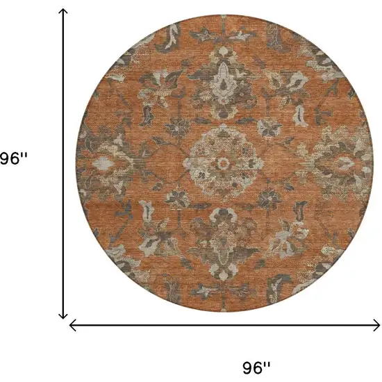 8' Orange And Brown Round Floral Medallion Washable Indoor Outdoor Area Rug Photo 5