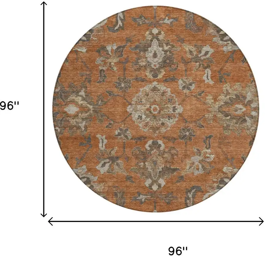 8' Orange And Brown Round Floral Medallion Washable Indoor Outdoor Area Rug Photo 5