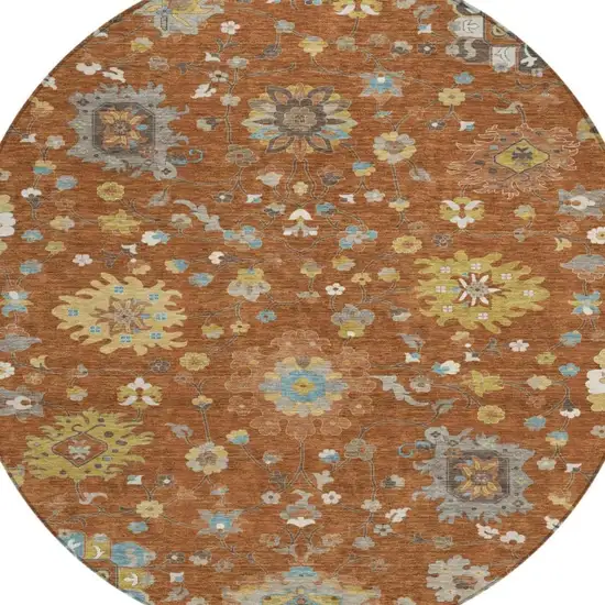 8' Orange And Brown Round Floral Washable Indoor Outdoor Area Rug Photo 3