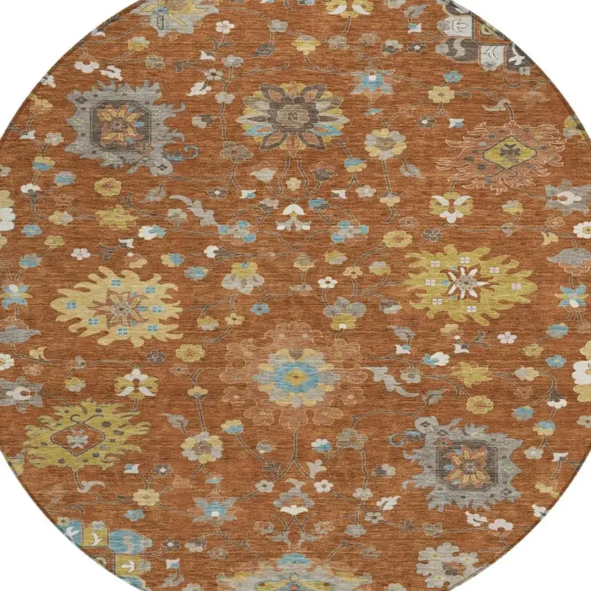 8' Orange And Brown Round Floral Washable Indoor Outdoor Area Rug Photo 3