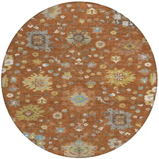 8' Orange And Brown Round Floral Washable Indoor Outdoor Area Rug Photo 1