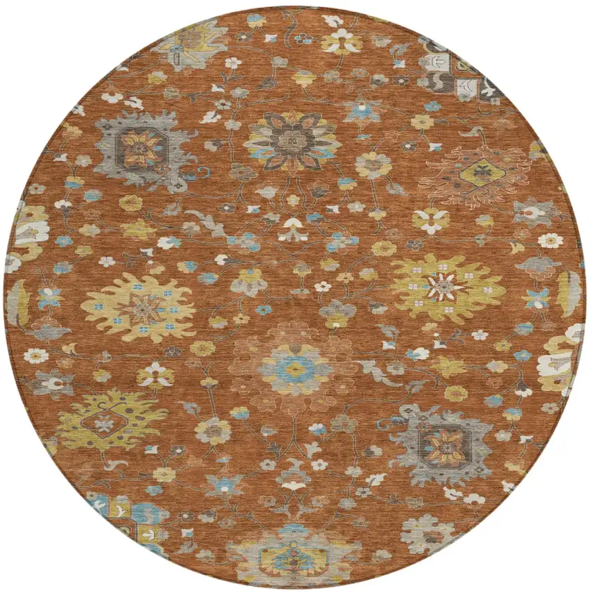 8' Orange And Brown Round Floral Washable Indoor Outdoor Area Rug Photo 1