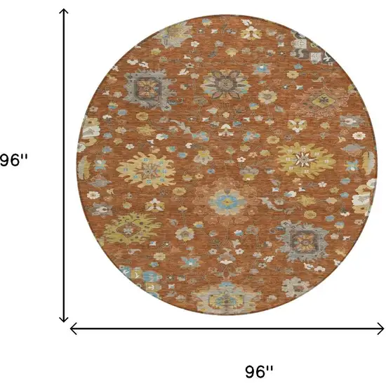 8' Orange And Brown Round Floral Washable Indoor Outdoor Area Rug Photo 6