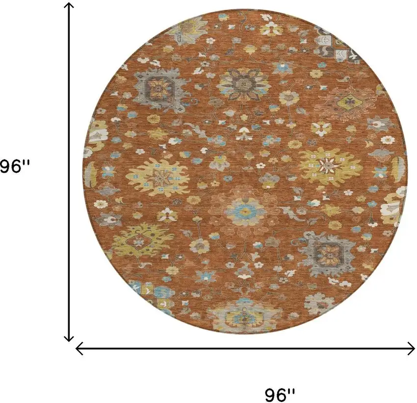 8' Orange And Brown Round Floral Washable Indoor Outdoor Area Rug Photo 6