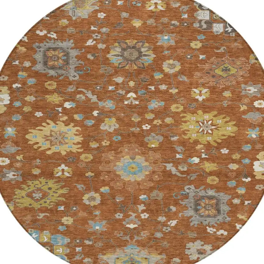 8' Orange And Brown Round Floral Washable Indoor Outdoor Area Rug Photo 2