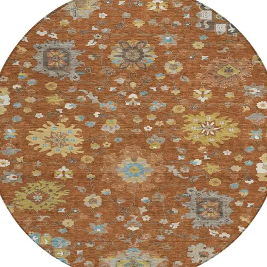 8' Orange And Brown Round Floral Washable Indoor Outdoor Area Rug Photo 2